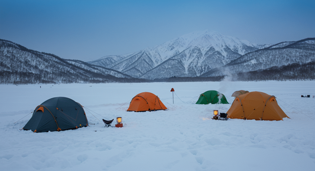 Barracas coloridas para camping de inverno instaladas sobre neve profunda com montanhas cobertas de neve ao fundo