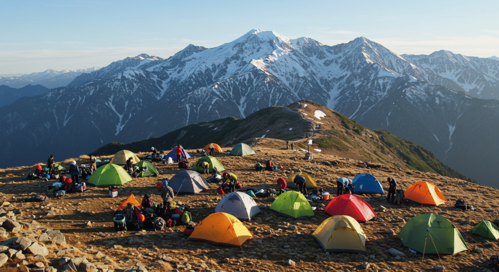 Barracas coloridas montadas em platô de montanha com vista espetacular dos Alpes Japoneses, picos nevados ao fundo e trilheiros preparando equipamento
