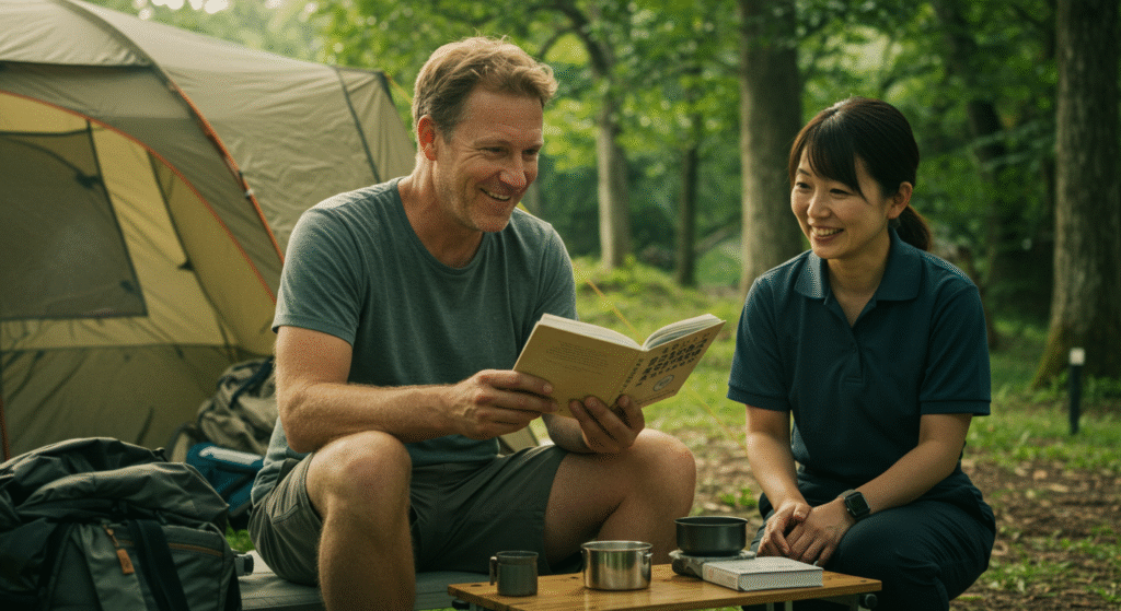 Campista ocidental consultando guia de frases em japonês enquanto conversa com funcionário de camping japonês que sorri em aprovação