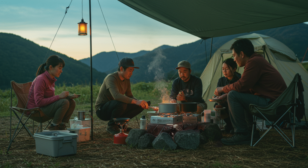 Campistas japoneses utilizando equipamentos para camping, incluindo fogões portáteis e utensílios específicos