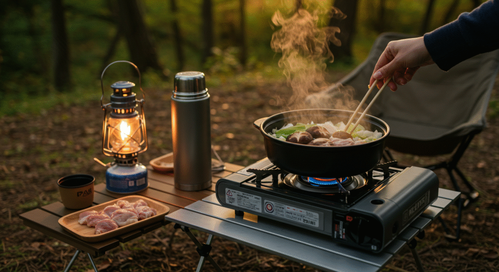 Camping japonês com preparação de nabemono (ensopado) de outono em fogareiro portátil com ingredientes sazonais