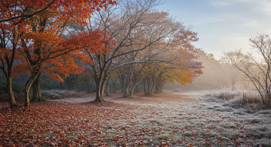 Paisagem com folhas avermelhadas caídas e leve camada de geada matinal, mostrando a transição do outono para o inverno