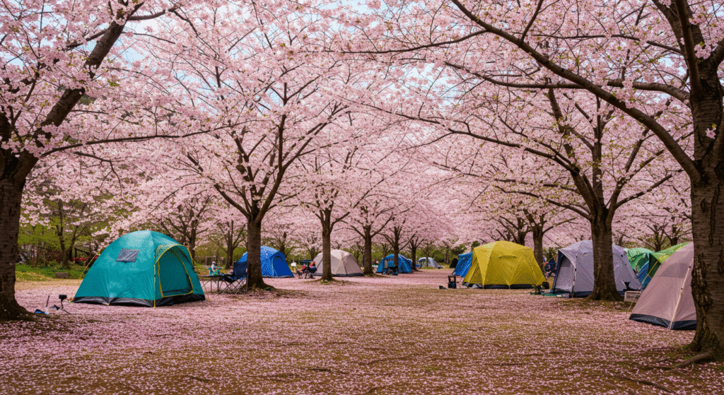Pequenas barracas coloridas montadas sob árvores de cerejeira com flores rosa em plena floração
