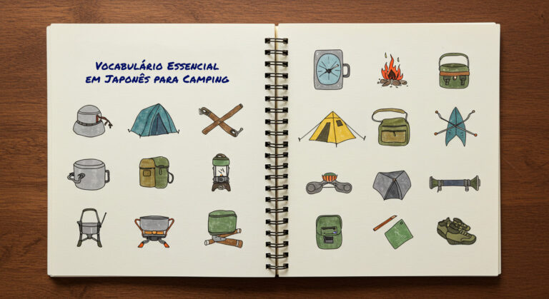 Caderno aberto com ilustrações de equipamentos de camping