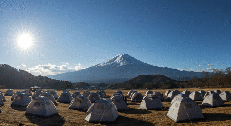 Camping com barracas e vista para o Monte Fuji no Japão