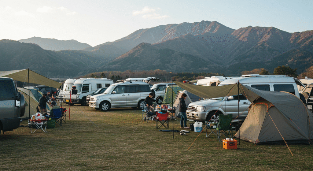 Área de auto camping japonês com carros estacionados próximos às barracas, pessoas organizando equipamentos e montanhas ao fundo
