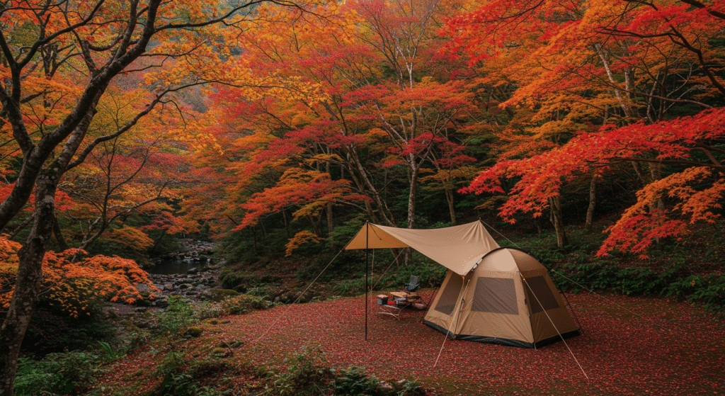 Barraca de camping cercada por árvores com folhagem vermelha e laranja típica do outono japonês