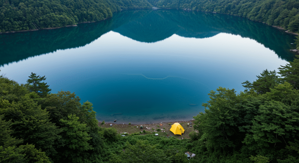 Barraca montada à beira de lago japonês com montanhas ao fundo e reflexo na água