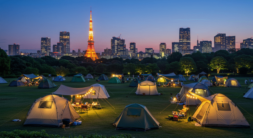 Área de camping com barracas montadas em parque urbano, tendo ao fundo o impressionante skyline de arranha-céus de Tóquio iluminados ao entardecer