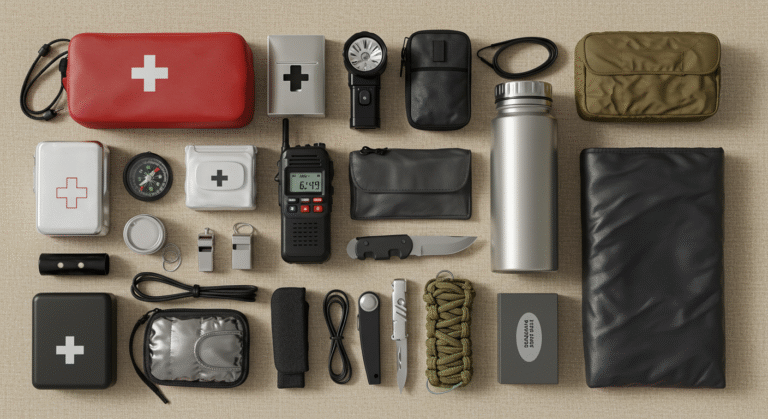 Composição mostrando kit de primeiros socorros, rádio de emergência, e outros equipamentos de segurança e sobrevivencia