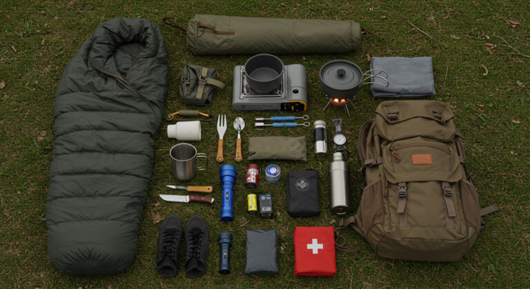 Conjunto de equipamentos de camping dispostos organizadamente, incluindo barraca, saco de dormir, fogareiro, utensílios de cozinha e acessórios