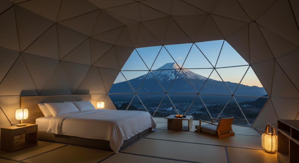 Interior luxuoso de domo de glamping com cama king size, decoração minimalista japonesa, e ampla janela mostrando vista panorâmica do Monte Fuji