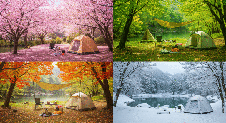 Colagem mostrando quatro campings no Japão em diferentes estações: cerejeiras na primavera, verde vibrante no verão, folhas vermelhas no outono e neve no inverno