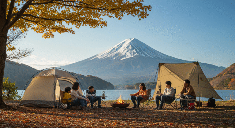 Pessoas conversando em torno do fogo com o mt fuji ao fundo durante o outono japonês
